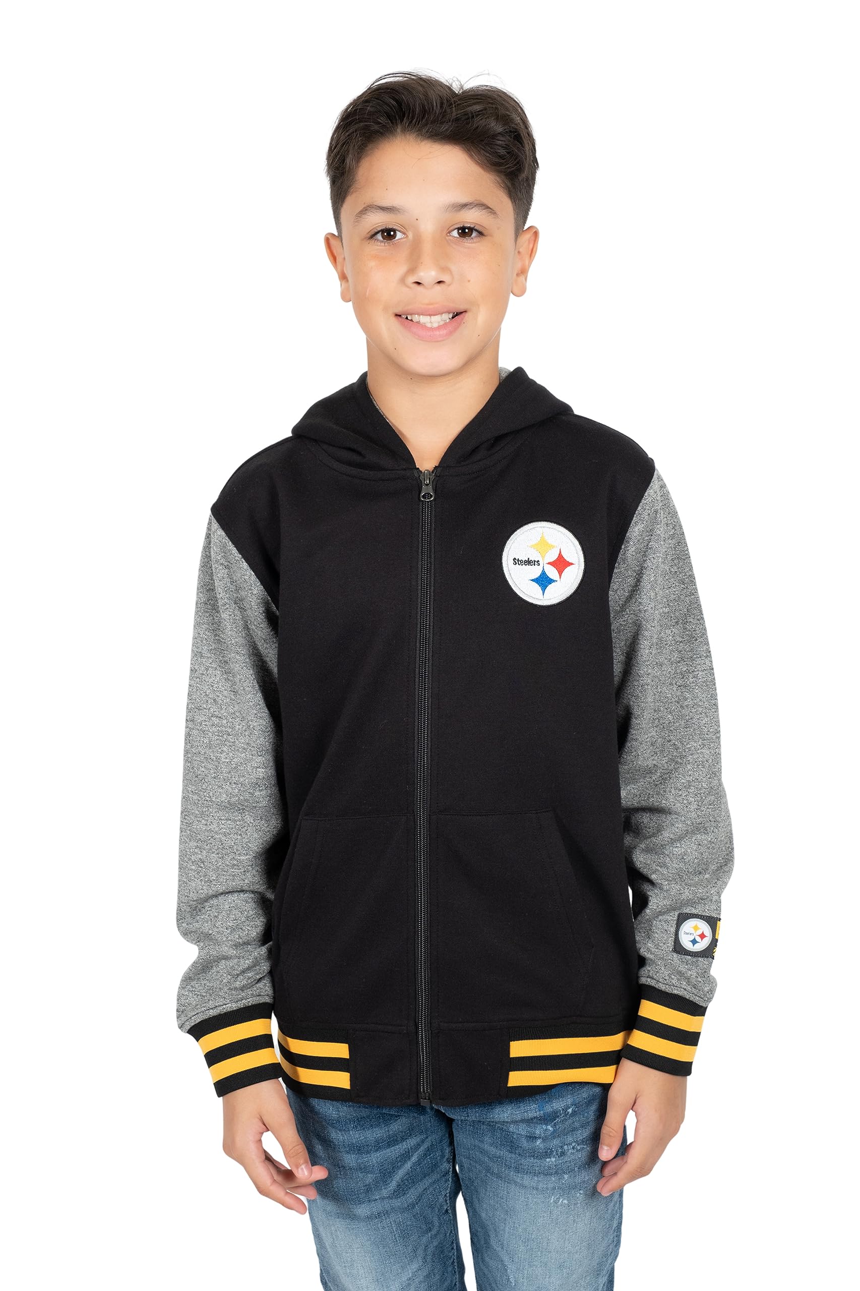Ultra Game NFL Pittsburgh Steelers Youth Super Soft Fleece Full Zip Varisty Hoodie Sweatshirt|Pittsburgh Steelers