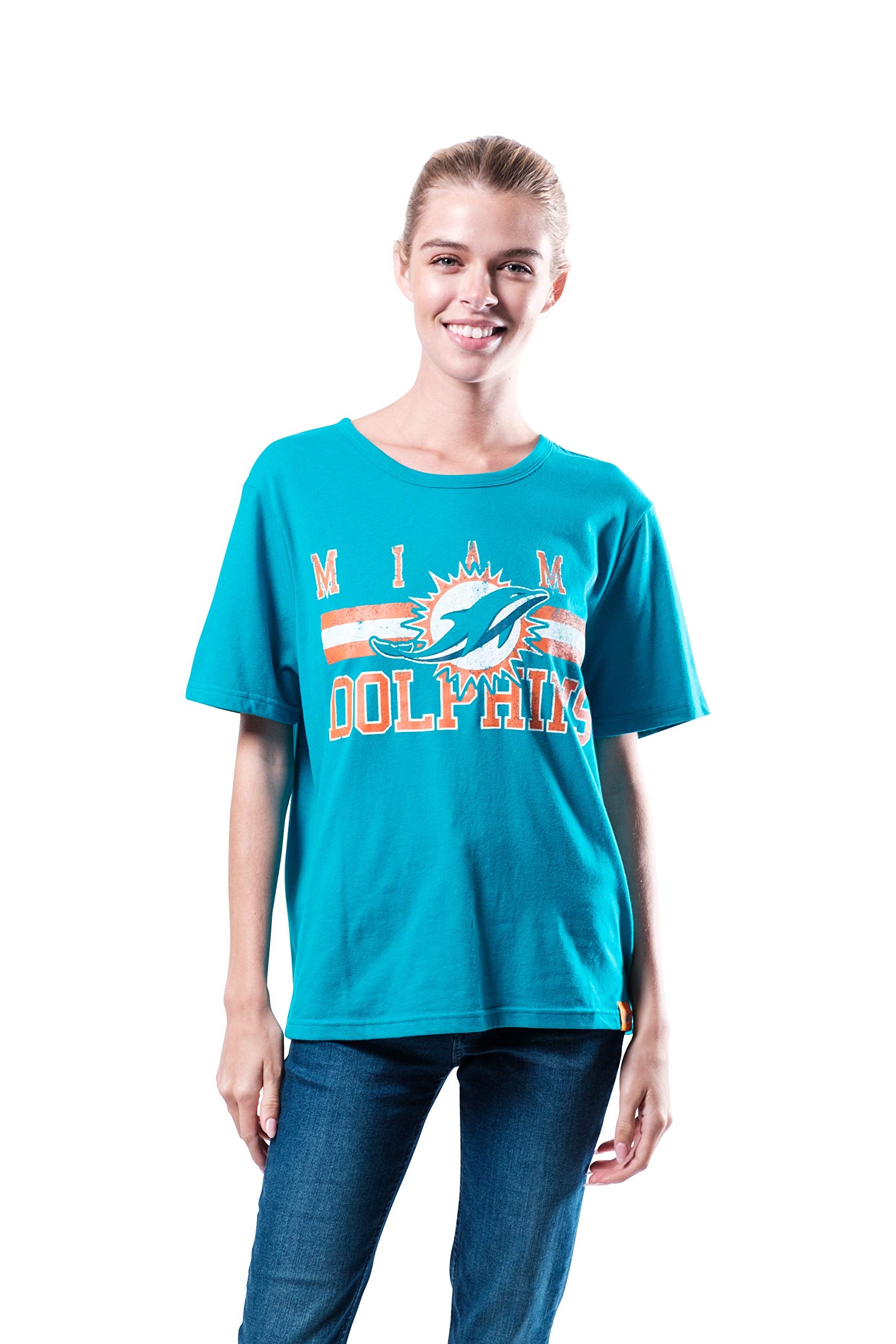 Ultra Game NFL Miami Dolphins Womens Distressed Graphics Soft Crew Neck Tee Shirt|Miami Dolphins - UltraGameShop