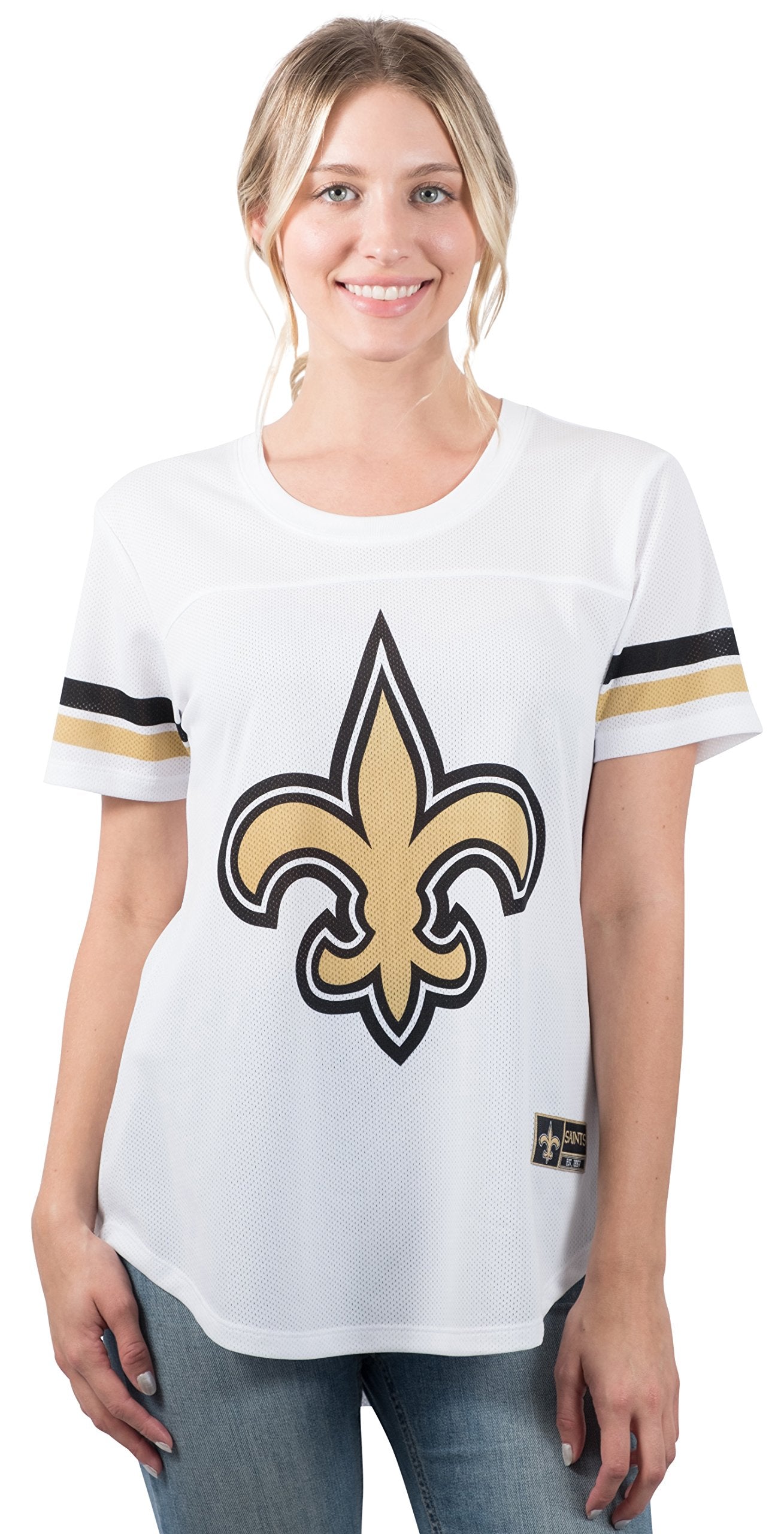 Ultra Game NFL New Orleans Saints Womens Soft Mesh Varsity Stripe T-Shirt|New Orleans Saints - UltraGameShop