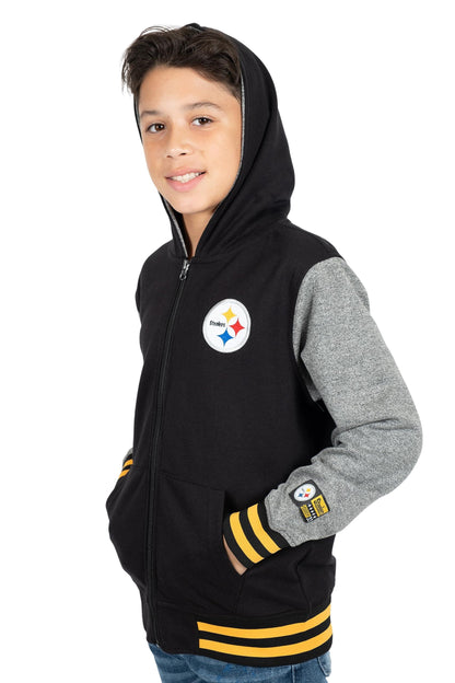 Ultra Game NFL Pittsburgh Steelers Youth Super Soft Fleece Full Zip Varisty Hoodie Sweatshirt|Pittsburgh Steelers - UltraGameShop