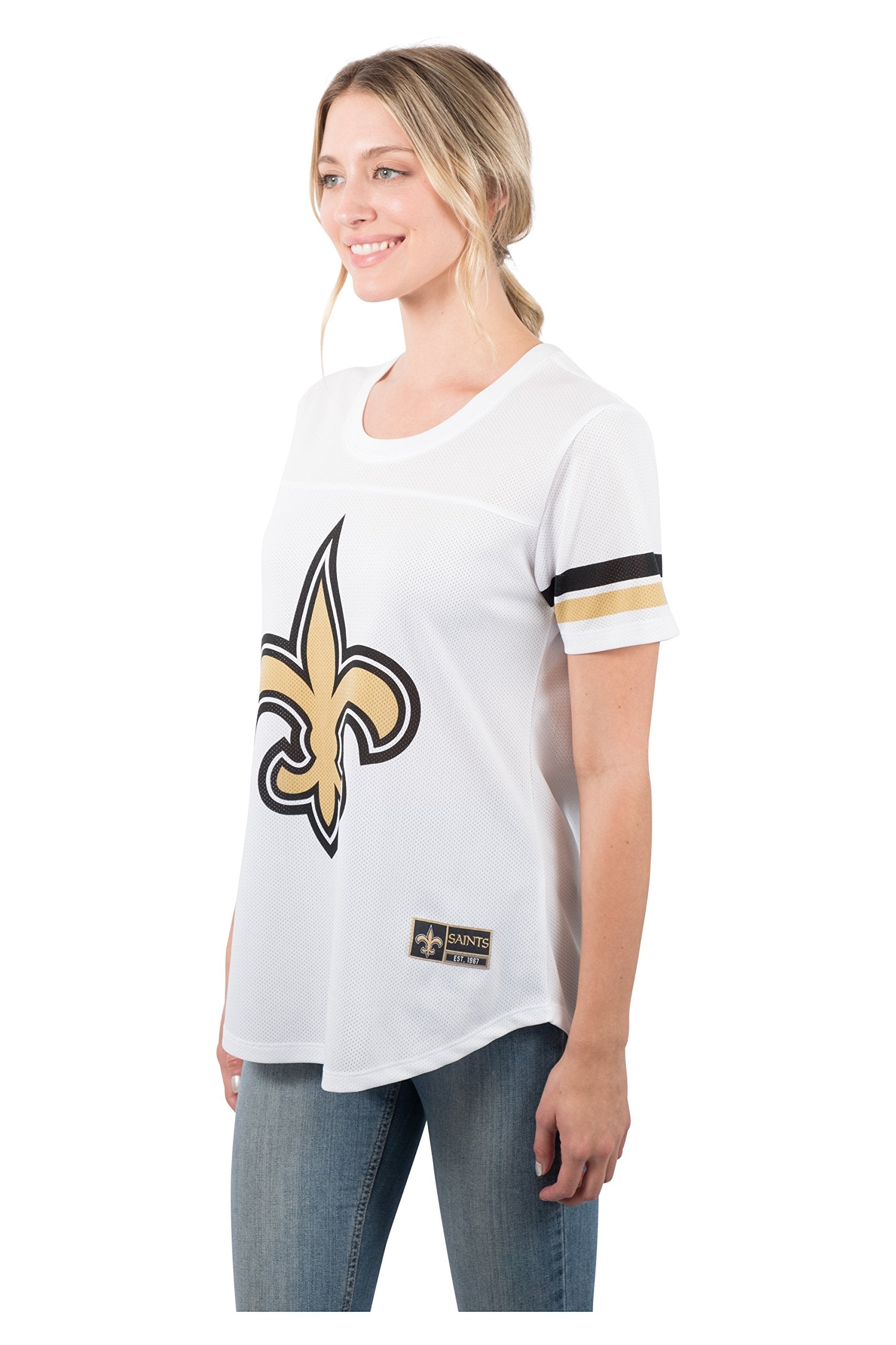 Ultra Game NFL New Orleans Saints Womens Soft Mesh Varsity Stripe T-Shirt|New Orleans Saints - UltraGameShop