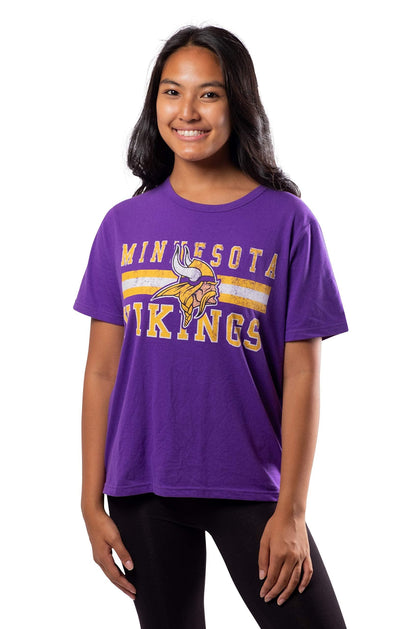 Ultra Game NFL Minnesota Vikings Womens Distressed Graphics Soft Crew Neck Tee Shirt|Minnesota Vikings - UltraGameShop