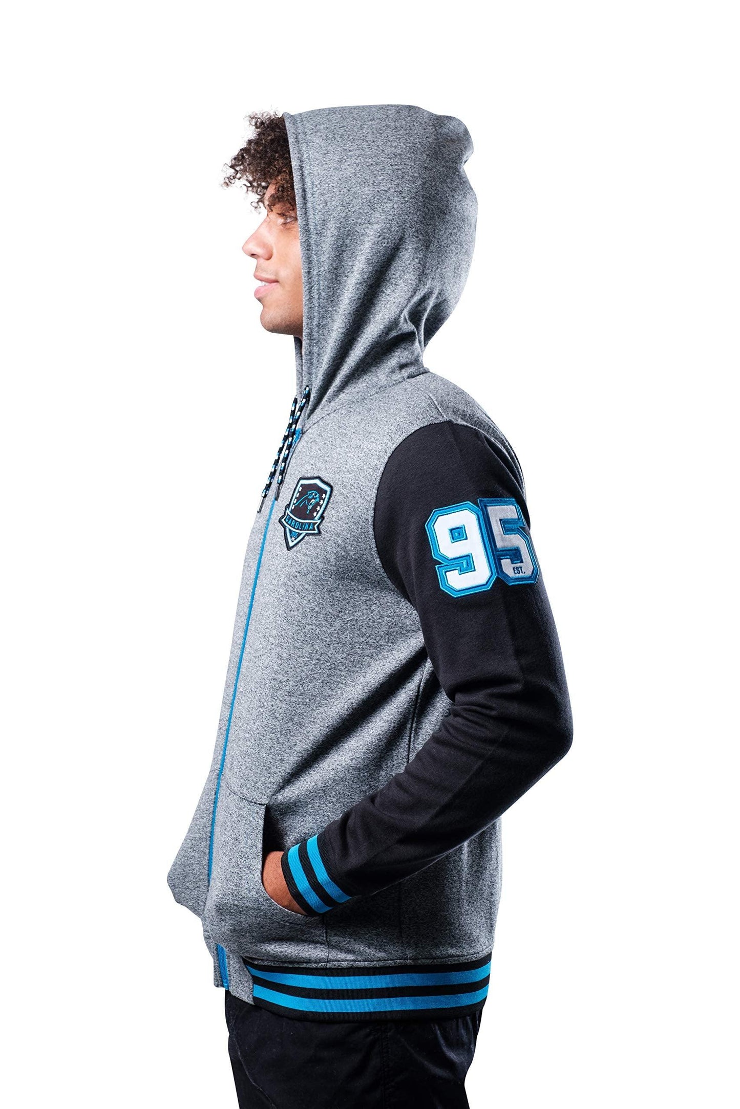 Ultra Game NFL Carolina Panthers Mens Full Zip Soft Fleece Letterman Varsity Jacket Hoodie|Carolina Panthers - UltraGameShop