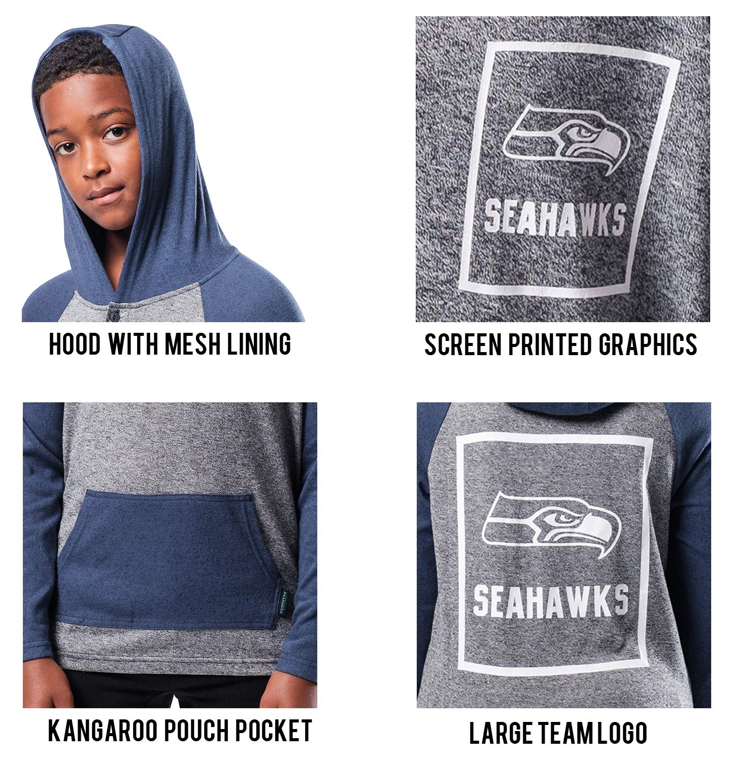Ultra Game NFL Seattle Seahawks Youth Fleece Hoodie Pullover Sweatshirt Henley|Seattle Seahawks