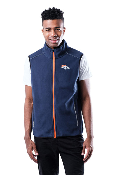 Ultra Game NFL Denver Broncos Mens Standard Polar Fleece Vest with Reflective Zipper Tape|Denver Broncos