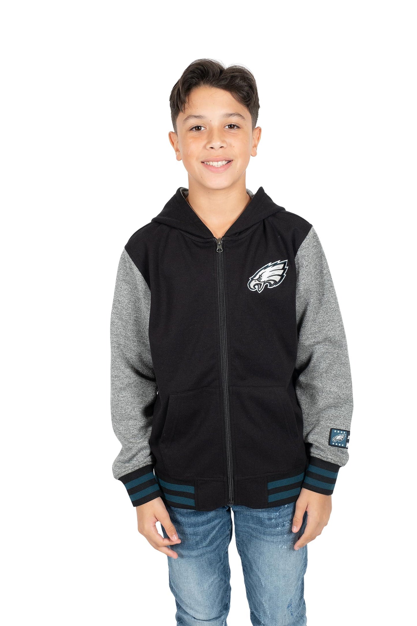 Ultra Game NFL Philadelphia Eagles Youth Super Soft Fleece Full Zip Varisty Hoodie Sweatshirt|Philadelphia Eagles - UltraGameShop