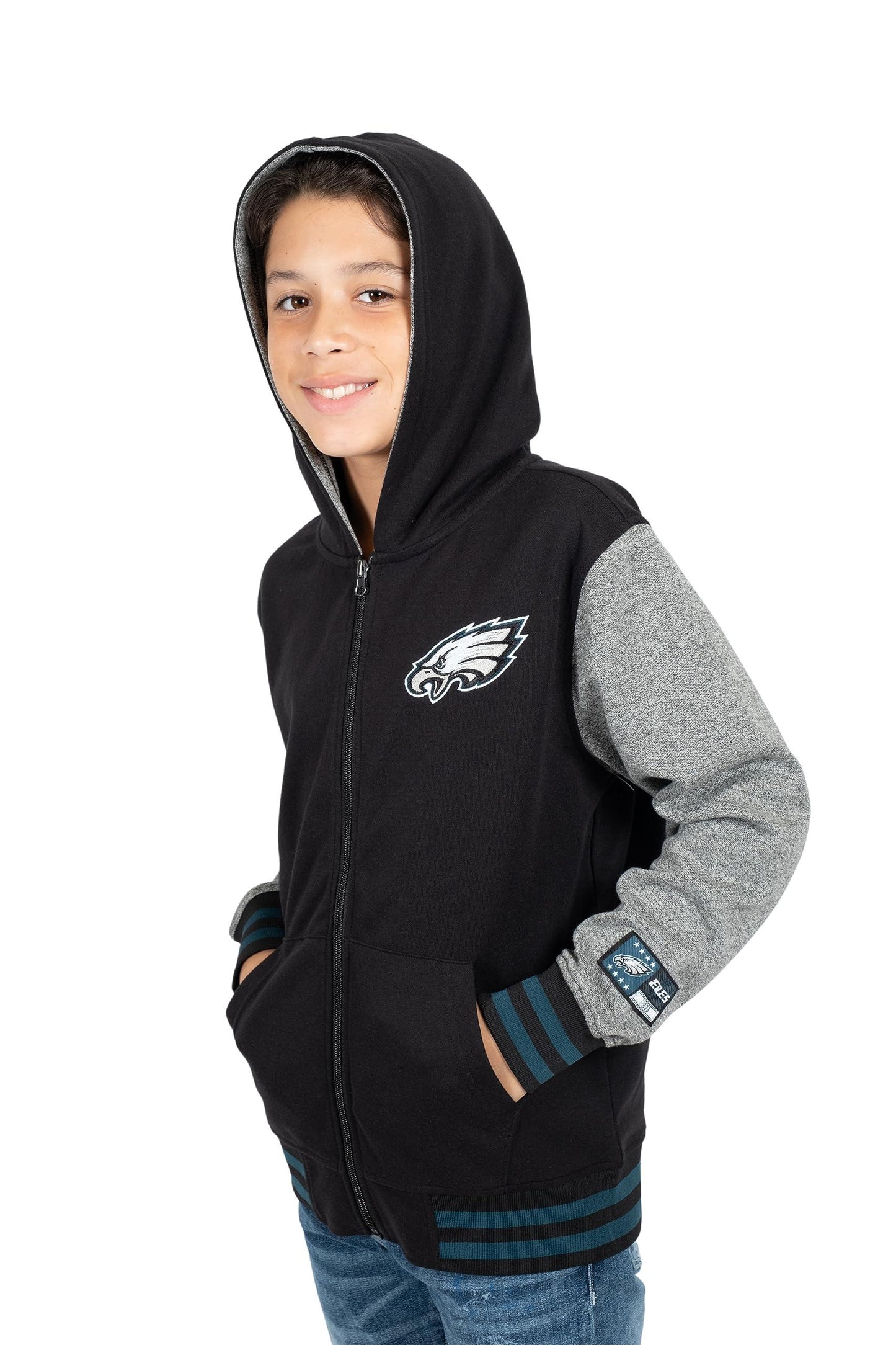 Ultra Game NFL Philadelphia Eagles Youth Super Soft Fleece Full Zip Varisty Hoodie Sweatshirt|Philadelphia Eagles - UltraGameShop