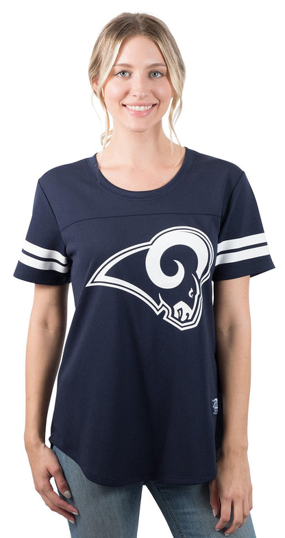 Ultra Game NFL Los Angeles Rams Womens Soft Mesh Varsity Stripe T-Shirt|Los Angeles Rams - UltraGameShop