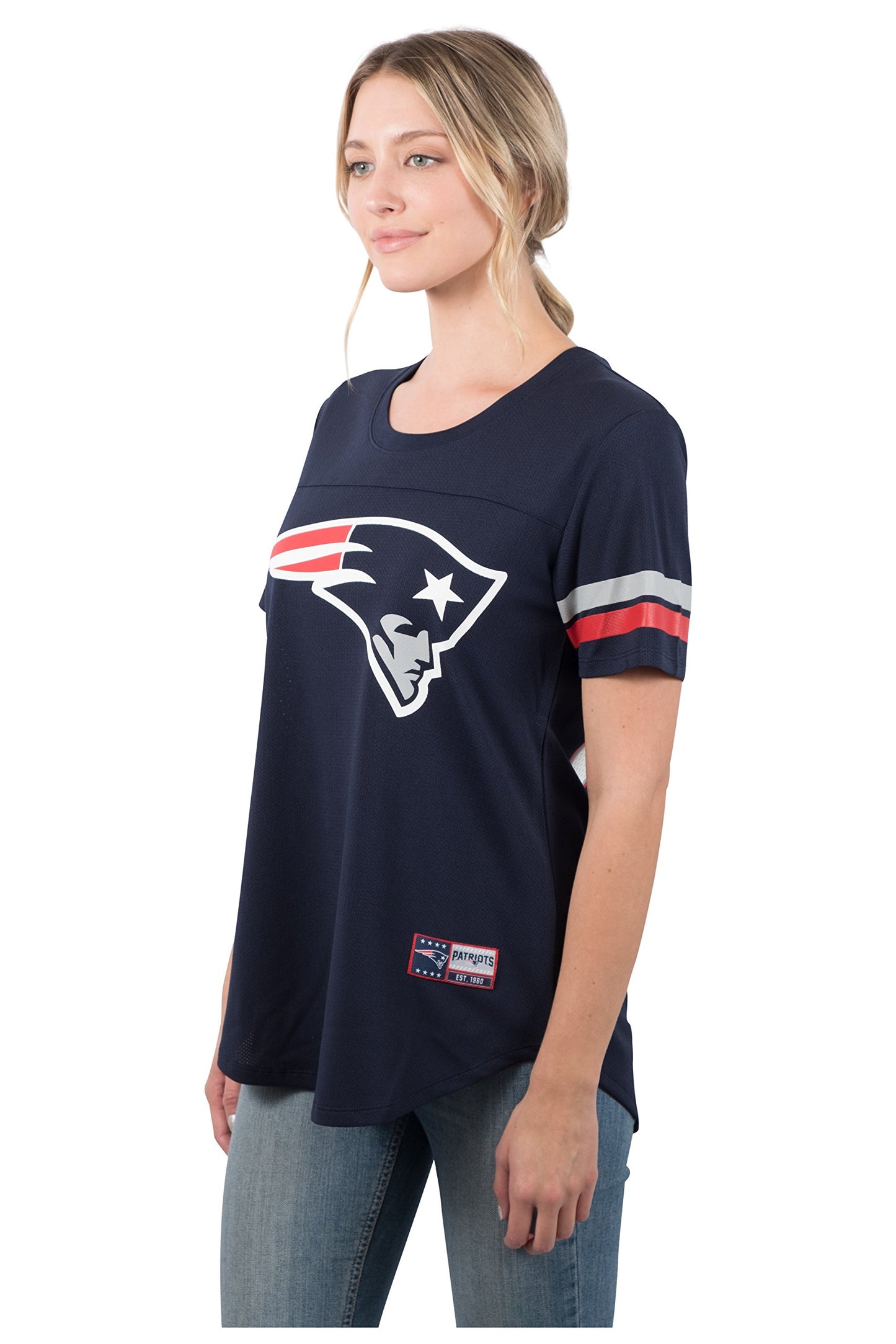 Ultra Game NFL New England Patriots Womens Soft Mesh Varsity Stripe T-Shirt|New England Patriots - UltraGameShop