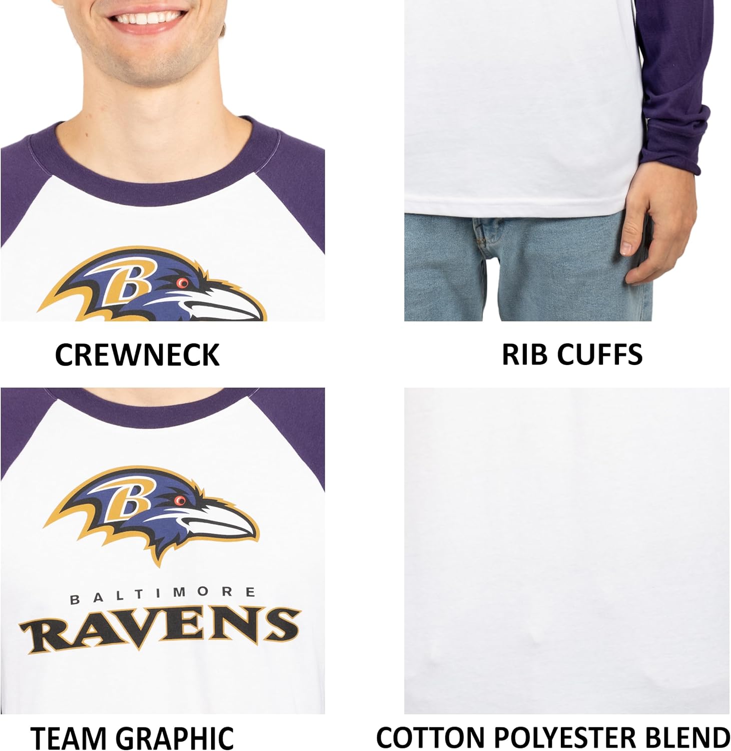 Ultra Game NFL Mens Super Soft Raglan Baseball Long Sleeve T-Shirt| Baltimore Ravens