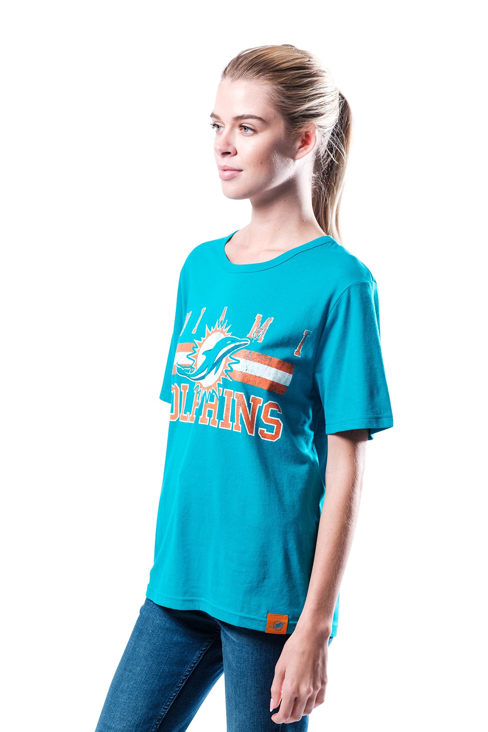 Ultra Game NFL Miami Dolphins Womens Distressed Graphics Soft Crew Neck Tee Shirt|Miami Dolphins - UltraGameShop