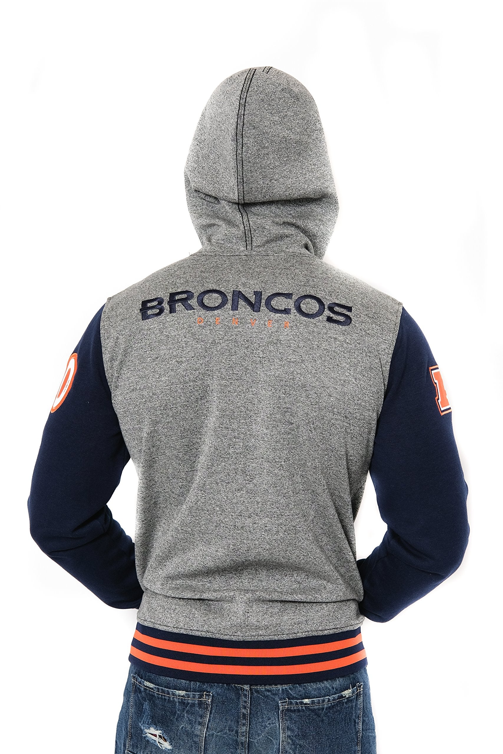 Ultra Game NFL Denver Broncos Mens Full Zip Soft Fleece Letterman Varsity Jacket Hoodie|Denver Broncos
