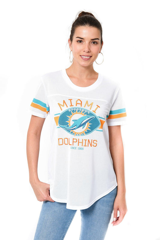 Ultra Game NFL Miami Dolphins Womens Soft Mesh Jersey Varsity Tee Shirt|Miami Dolphins - UltraGameShop