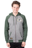 Ultra Game NFL Green Bay Packers Mens Full Zip Soft Fleece Raglan Hoodie|Green Bay Packers