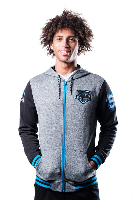 Ultra Game NFL Carolina Panthers Mens Full Zip Soft Fleece Letterman Varsity Jacket Hoodie|Carolina Panthers - UltraGameShop