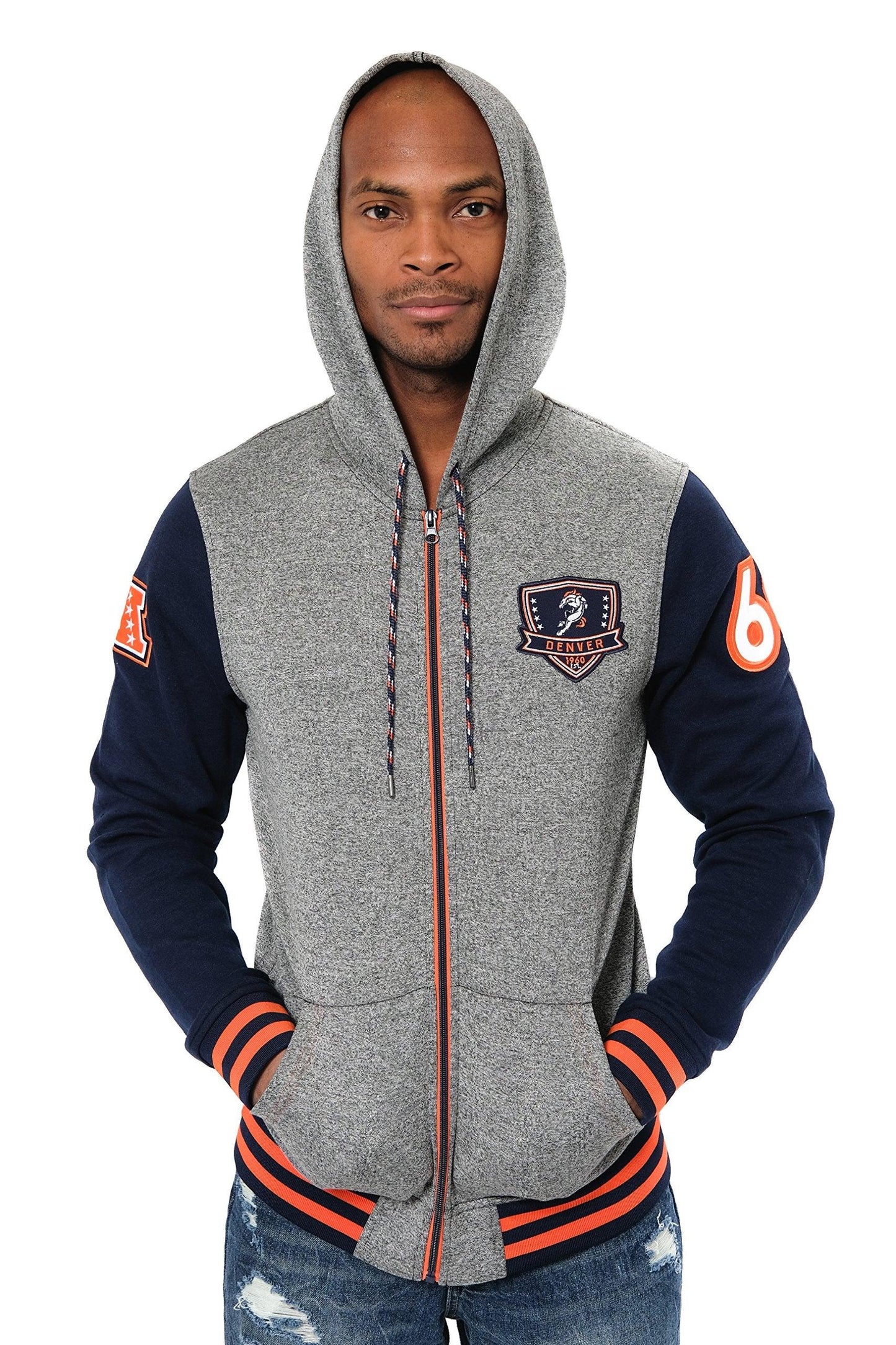 Ultra Game NFL Denver Broncos Mens Full Zip Soft Fleece Letterman Varsity Jacket Hoodie|Denver Broncos - UltraGameShop