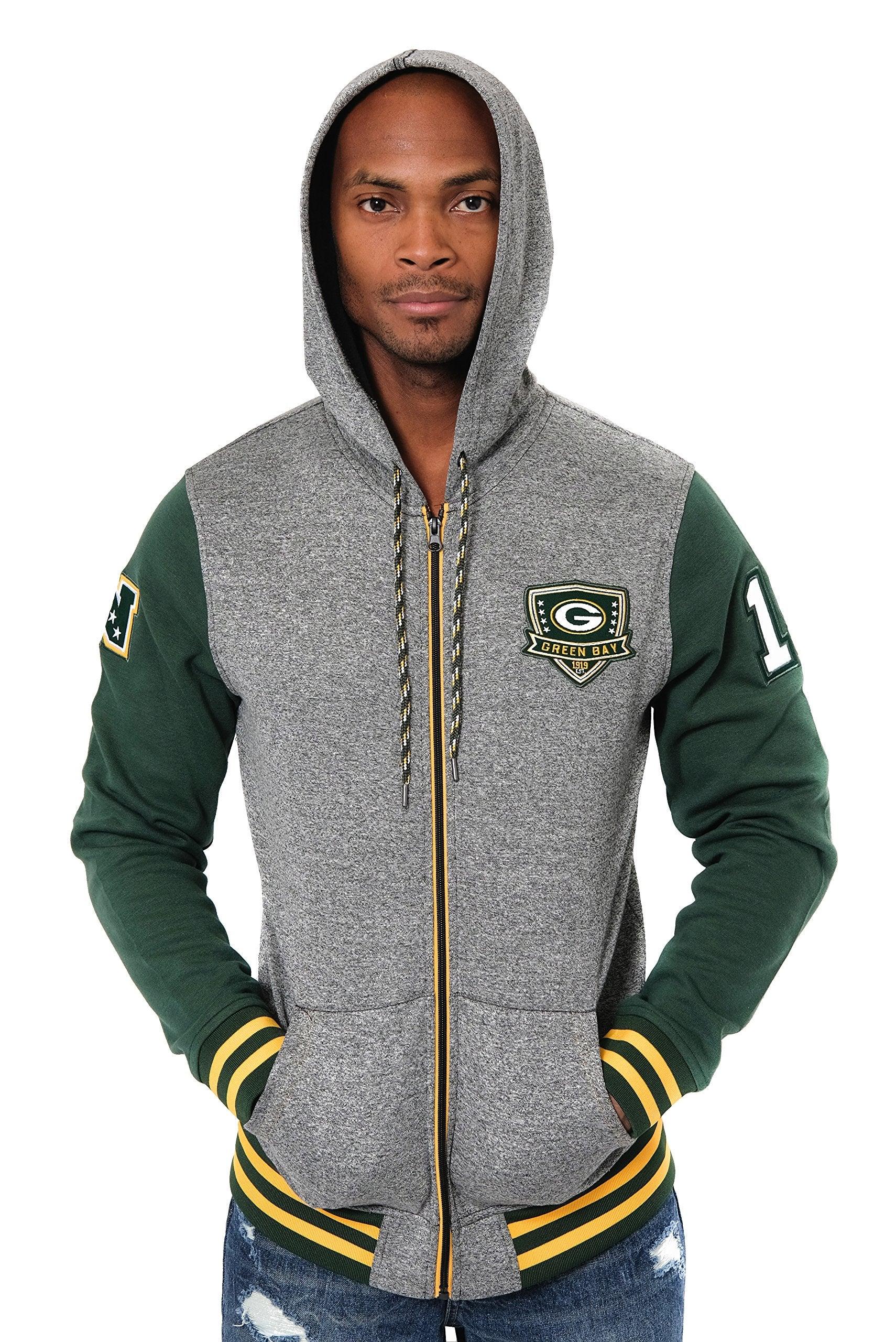 Ultra Game NFL Green Bay Packers Mens Full Zip Soft Fleece Letterman Varsity Jacket Hoodie|Green Bay Packers - UltraGameShop